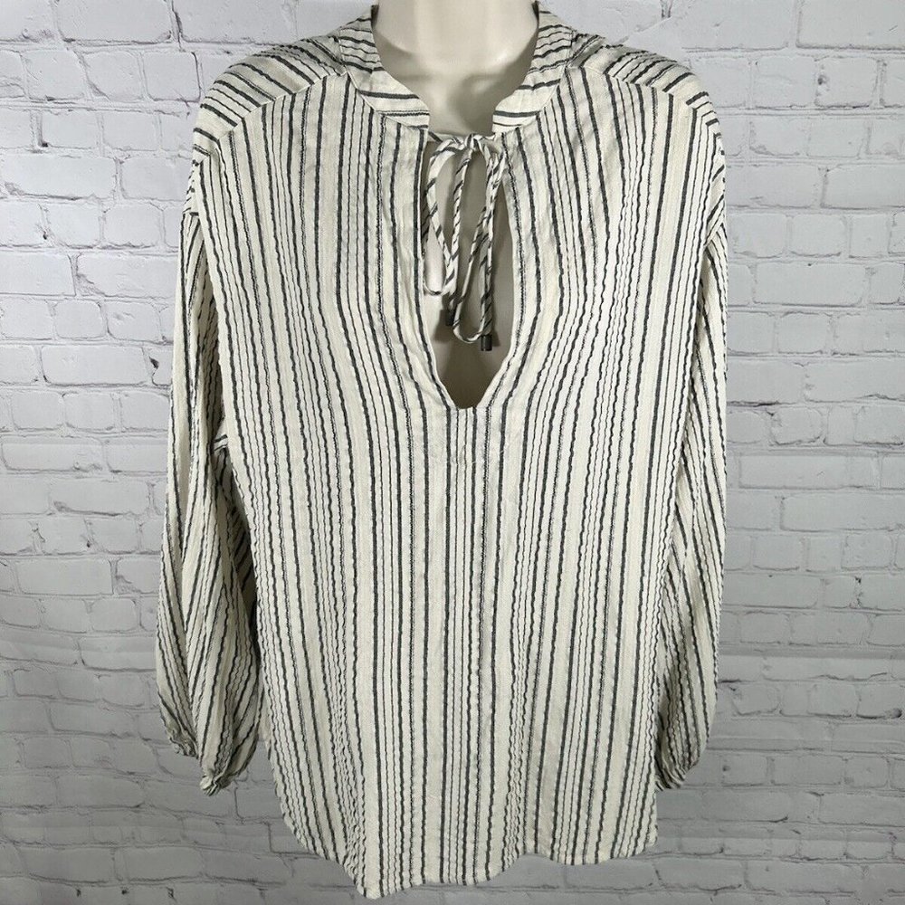 Free People Oversized Cream Gray Stripe Keyhole Neck Boho Bishop Sleeve Top XS